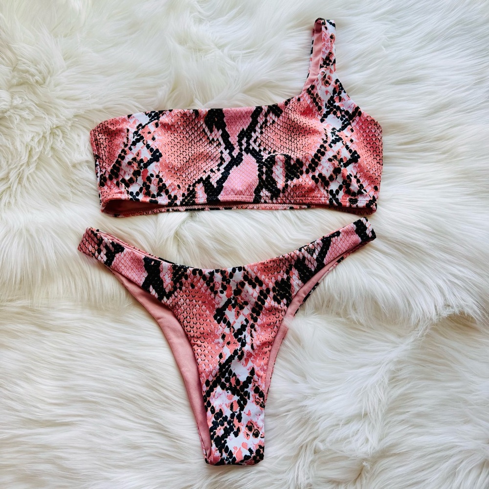 Pink Snake Print One-Shoulder Bikini Set